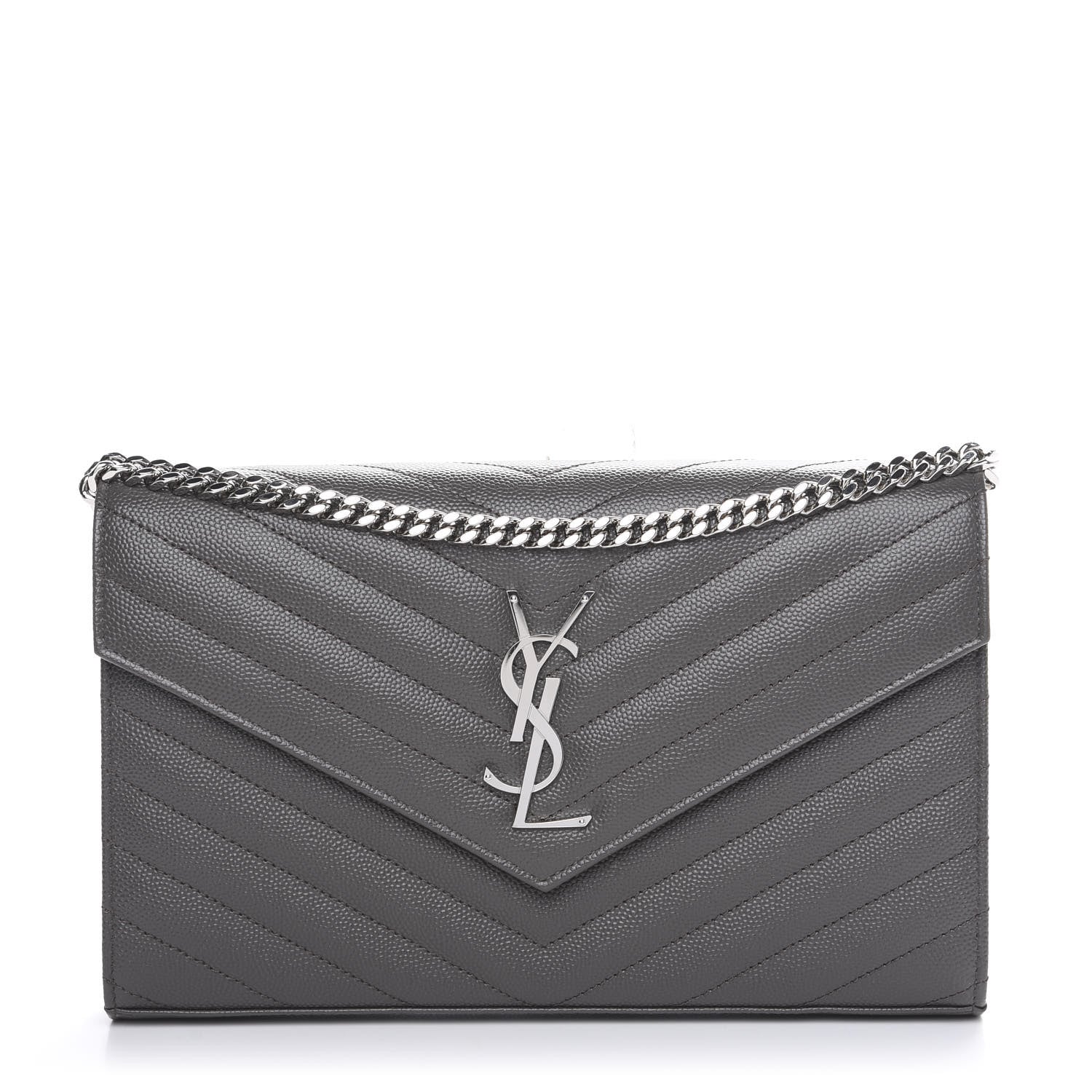 Saint Laurent Grain De Poudre Matelasse Chevron Monogram Chain Wallet Grey 1 of 6
