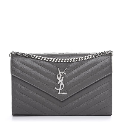Saint Laurent Grain De Poudre Matelasse Chevron Monogram Chain Wallet Grey 1 of 6