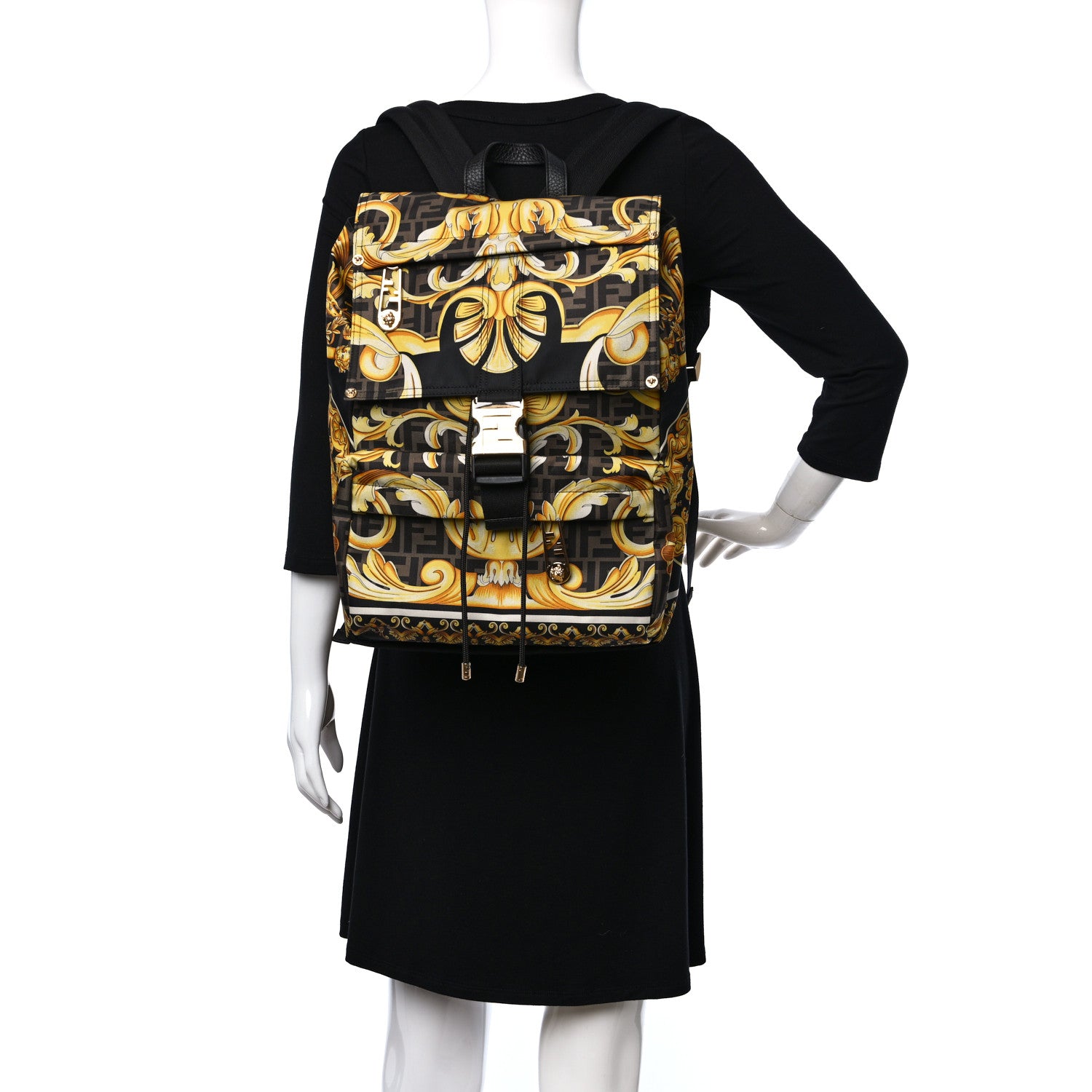 Fendi X VERSACE Silk Vitello Fendace FF Baroque Backpack Tobacco Black Gold 2 of 8
