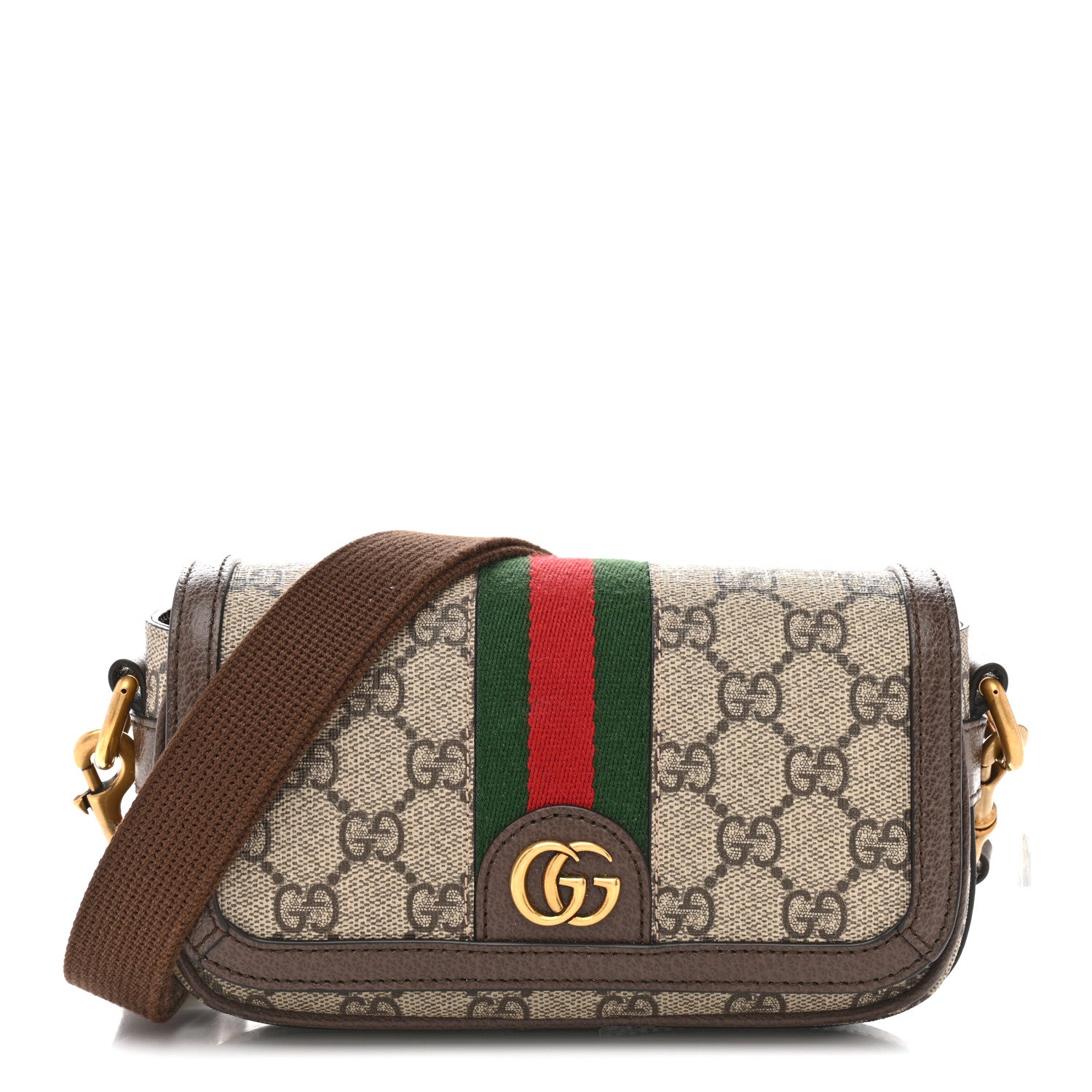 Gucci GG Supreme Monogram Web Mini Ophidia Flap Shoulder Bag Brown 1 of 14
