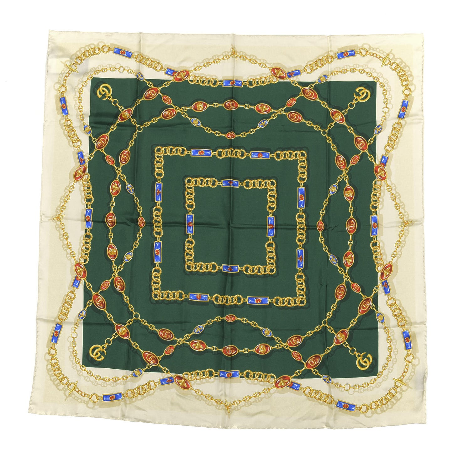 Silk Twill Chain Print Square Scarf Ivory Dark Green