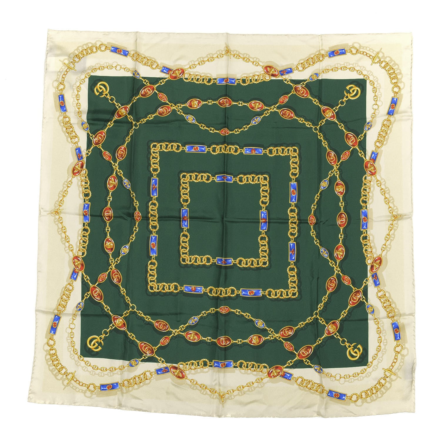 Gucci Silk Twill Chain Print Square Scarf Ivory Dark Green 1 of 3