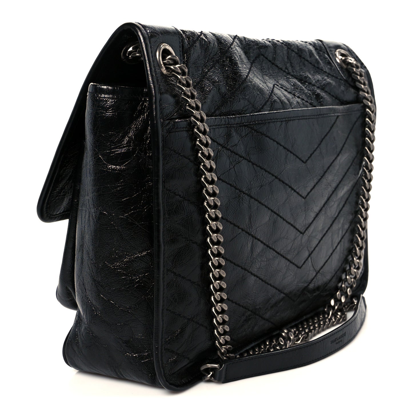 Crinkled Calfskin Matelasse Monogram Large Niki Chain Satchel Black