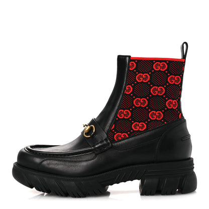Gucci Quebec Calfskin Technical Jersey Knit GG Monogram Mens Horsebit Ankle Boots 11.5 Black Light Hibiscus Red 1 of 12