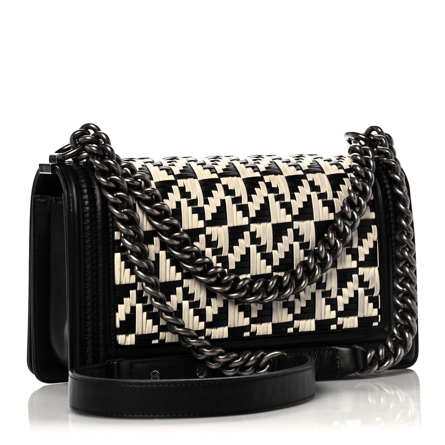 Calfskin Woven Medium Boy Flap Black White