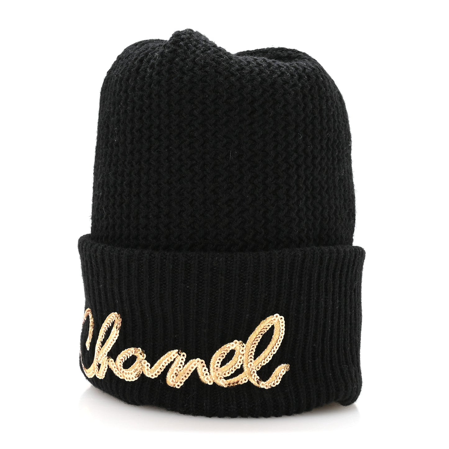 Cashmere Sequin Logo Beanie Hat Black Gold