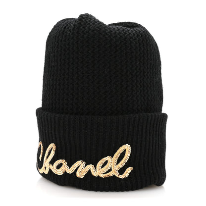 Chanel Cashmere Sequin Logo Beanie Hat Black Gold 1 of 9