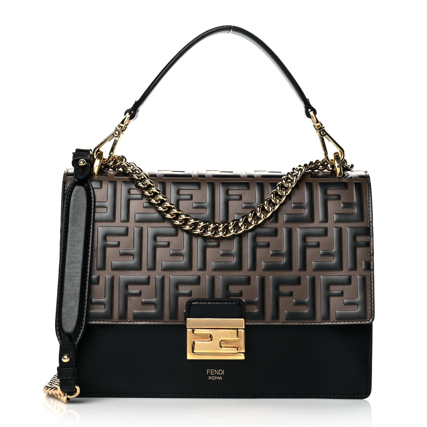 Vitello Liberty Bi-Color FF 1974 Embossed Chain Strap Kan U Shoulder Bag Black Maya
