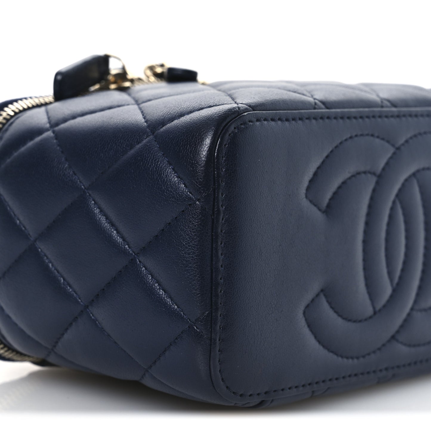 Lambskin Quilted Small Charming Top Handle Vanity Case With Chain Navy Blue