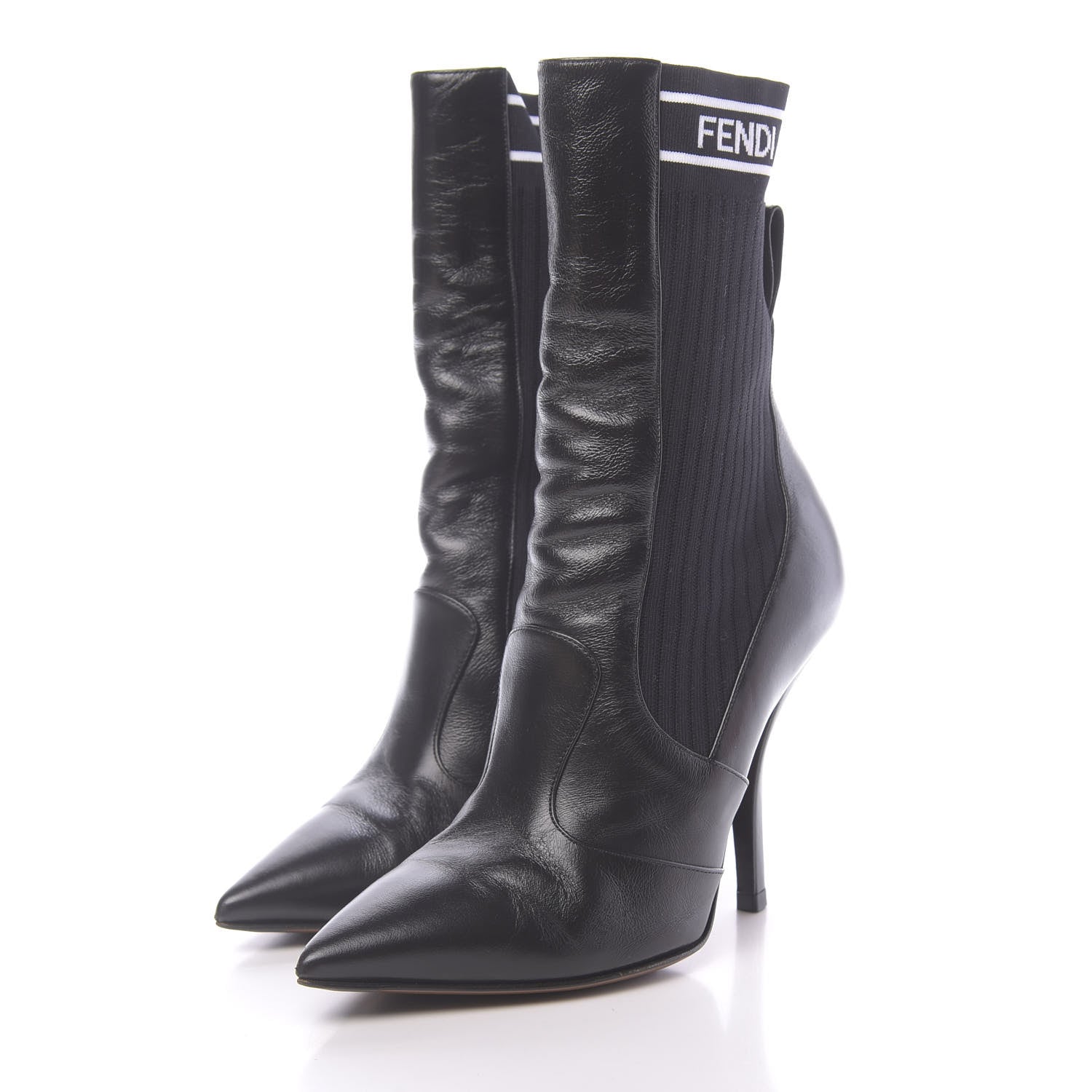 Fendi Vitello Lucido Stretch Fabric Logo Rockoko 105mm Sock Boots 37 Black White 3 of 10