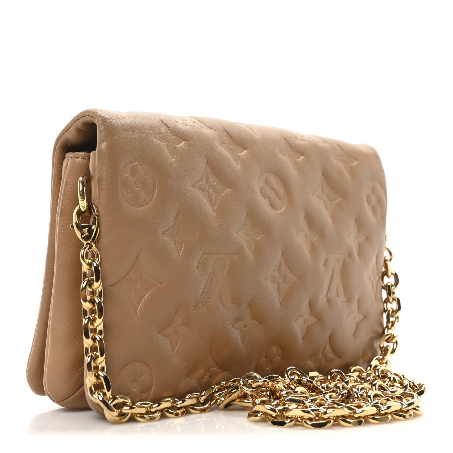 Lambskin Embossed Monogram Pochette Coussin Camel