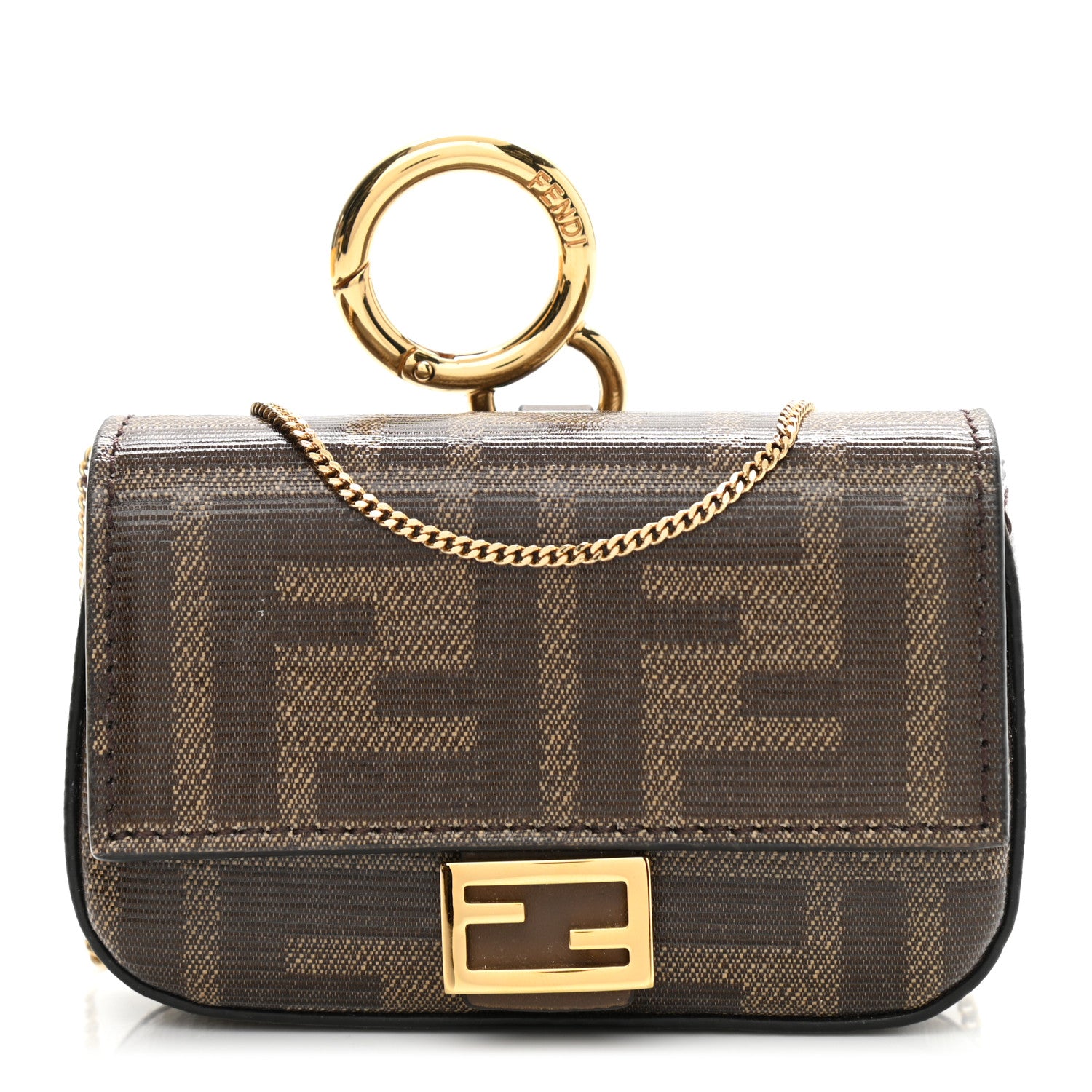 Fendi Glazed Fabric FF 1974 Nano Baguette Charm Mogano Panna 1 of 10