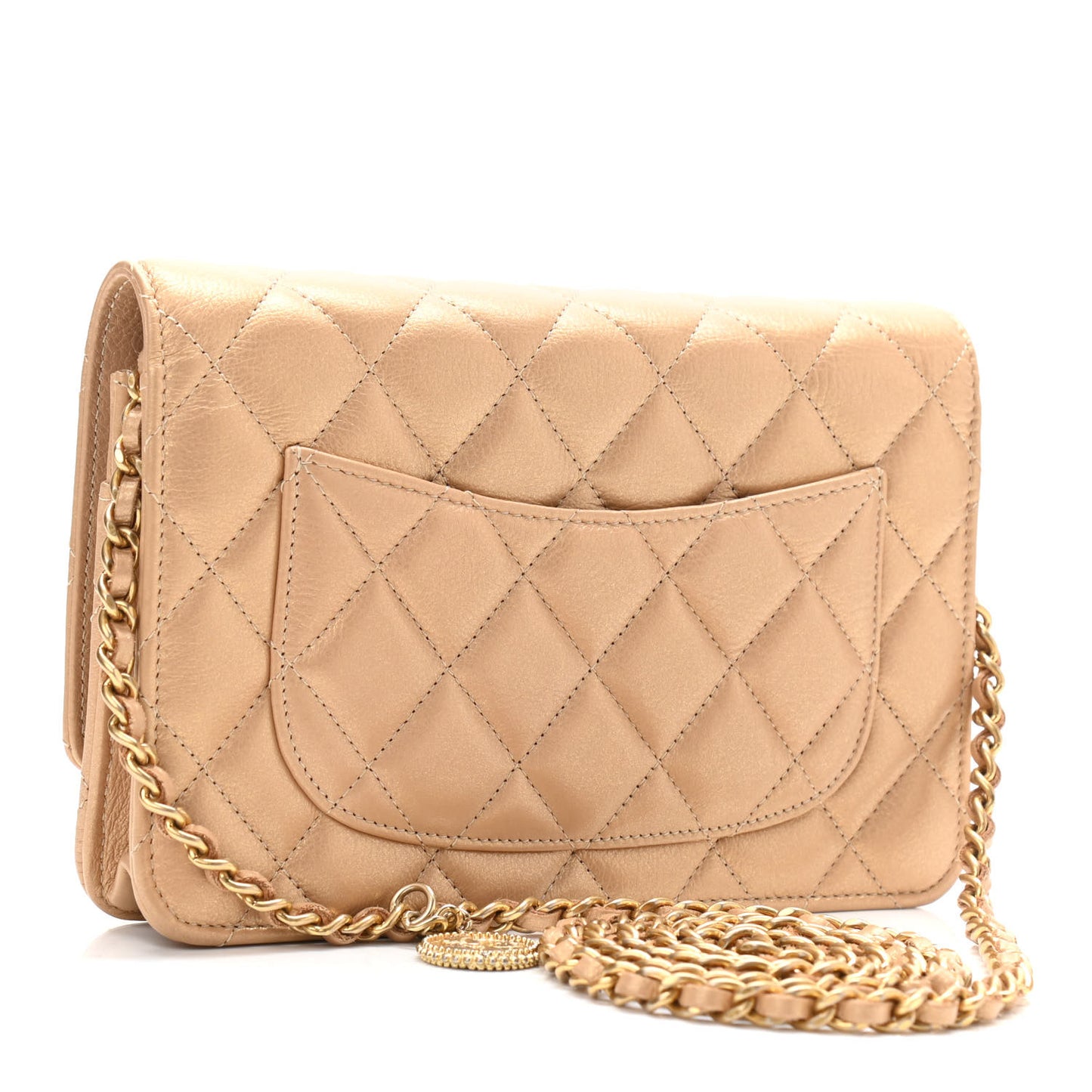 Metallic Calfskin Quilted Wallet On Chain WOC Gold