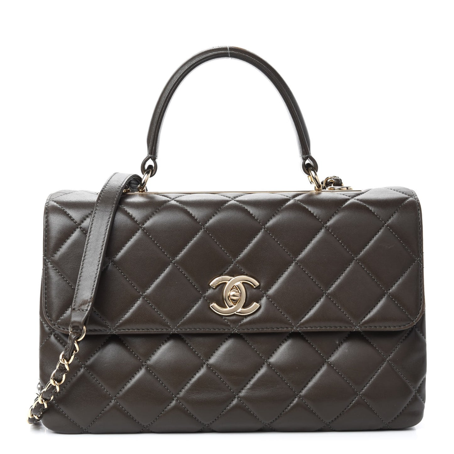 Lambskin Quilted Medium Trendy CC Flap Dual Handle Bag Dark Khaki
