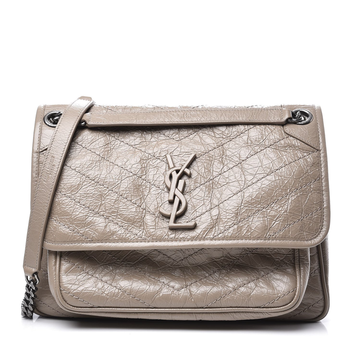 Crinkled Calfskin Matelasse Monogram Medium Niki Chain Satchel Taupe
