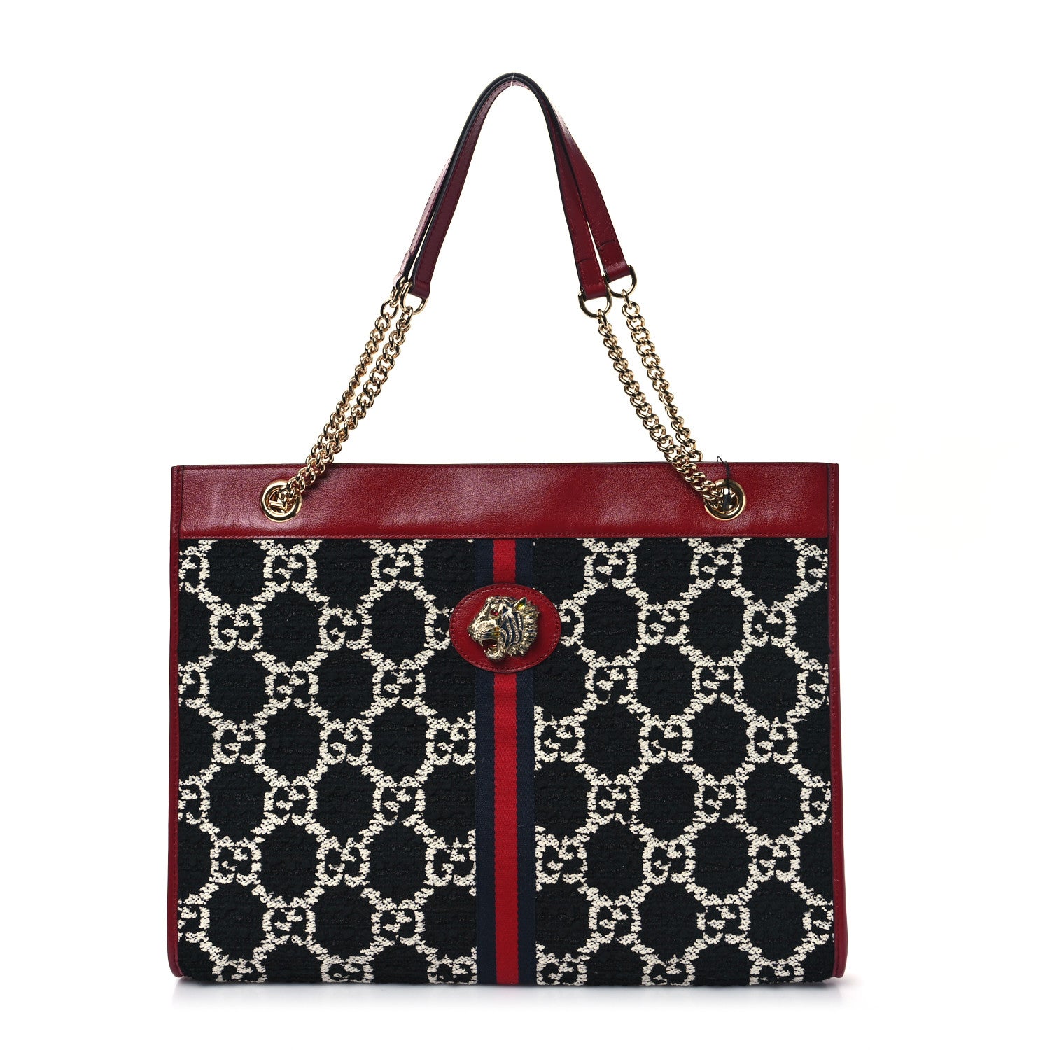 Gucci Tweed GG Monogram Large Rajah Chain Tote Romantic Cherry Black White 1 of 12