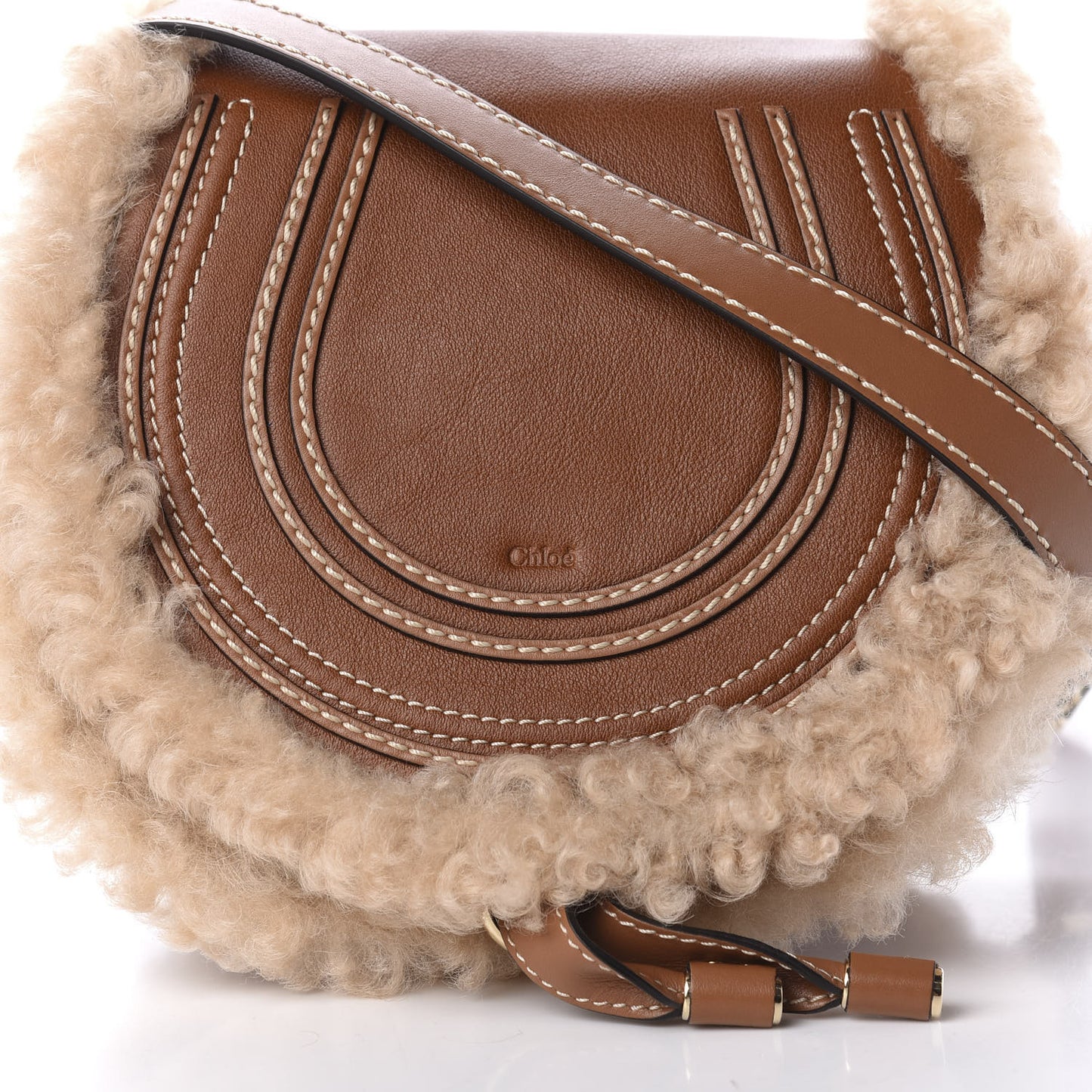 Small Grain Shiny Calfskin Shearling Small Marcie Round Crossbody Bag Caramel