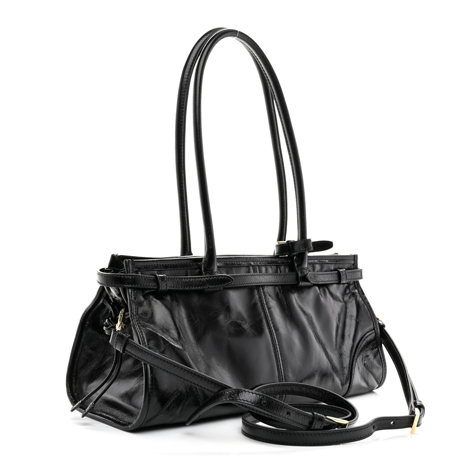 Prada Glossy Calfskin Triangle Medium Bonnie Shoulder Bag Black 3 of 9