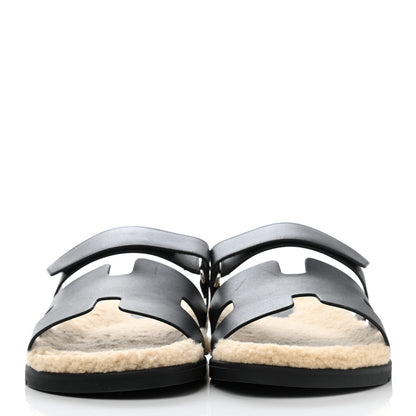 Hermes Veau Indios Woolskin Mens Chypre Sandals 46 Black Ecru 2 of 8