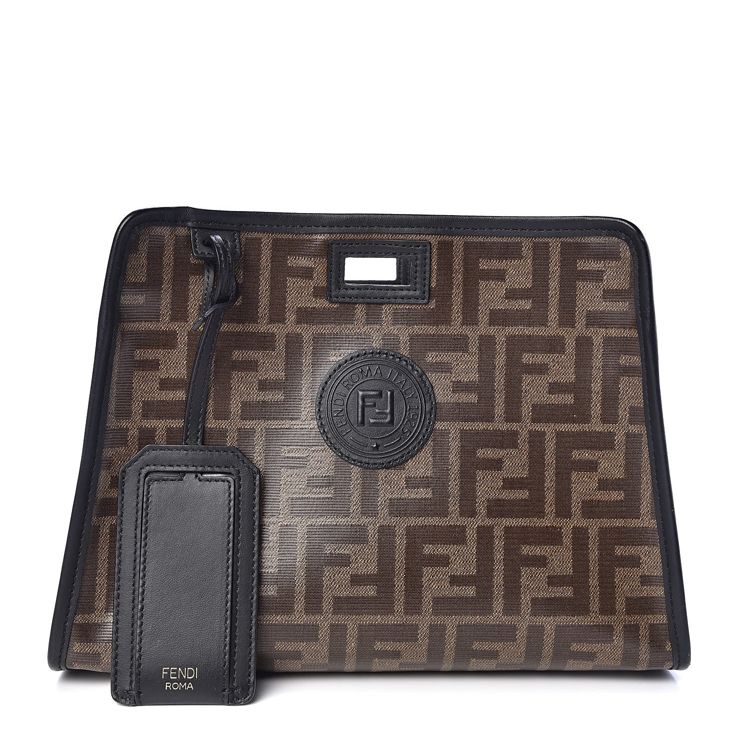 Fendi Glazed Fabric Vitello Century FF 1974 Stamp Patch Mini Peekaboo Defender Cover Mogano Panna Black 1 of 10
