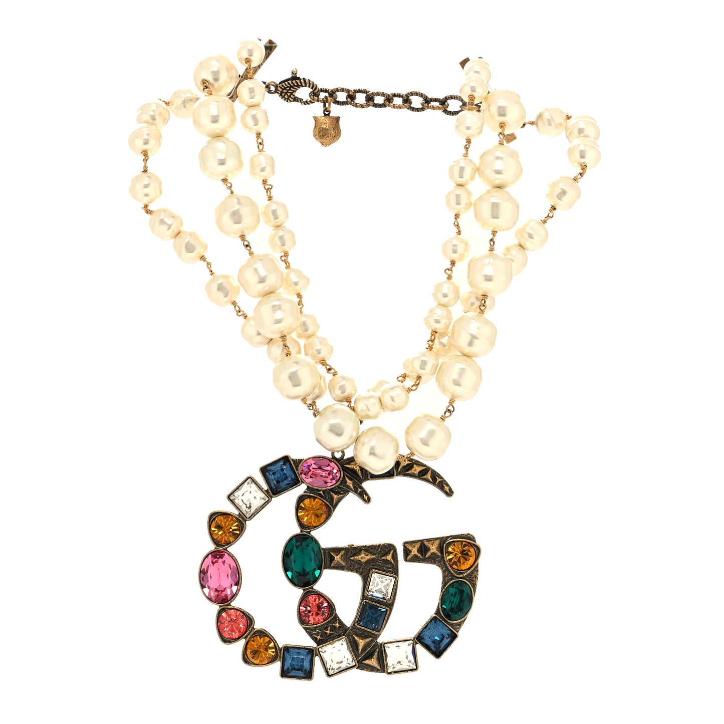 Crystal Pearl Double G Necklace Aged Gold Multicolor