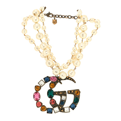 Gucci Crystal Pearl Double G Necklace Aged Gold Multicolor 3 of 5