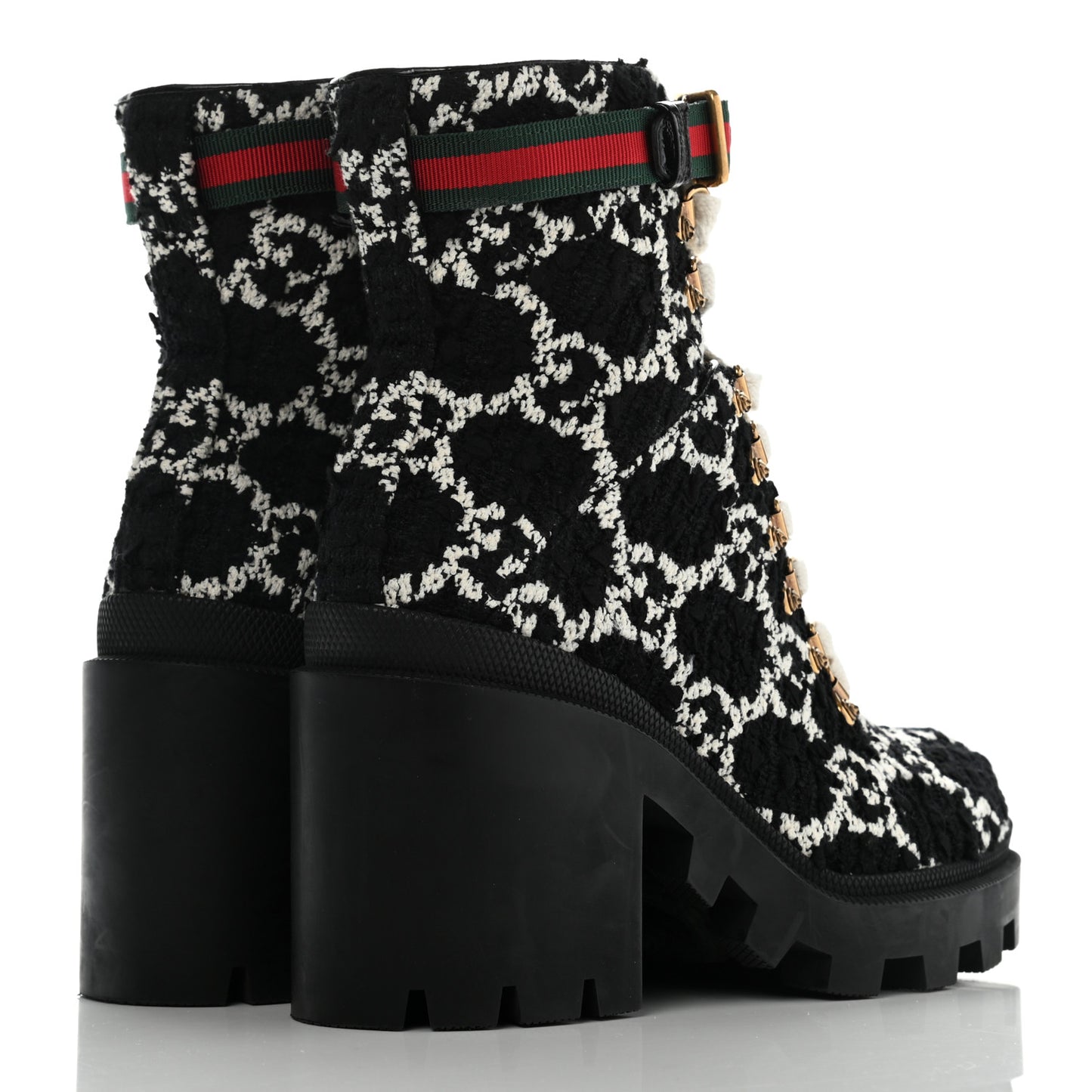 Tweed GG Monogram Lace Up Combat Ankle Boots 39.5 Black