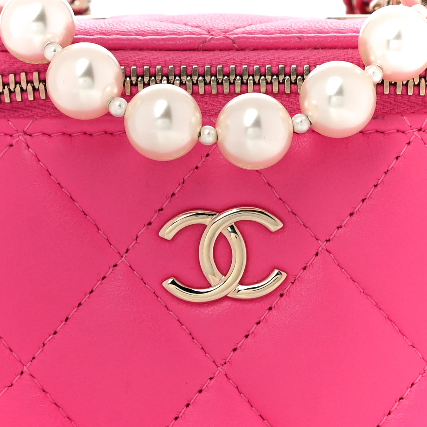 Lambskin Quilted Mini Vanity Case With Pearl Chain Pink