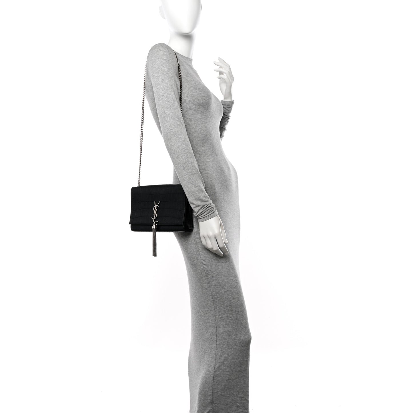 Calfskin Crocodile Embossed Medium Classic Monogram Kate Tassel Satchel Black