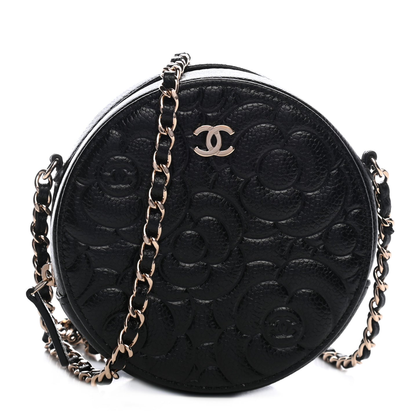 Caviar Camellia Embossed Round Clutch With Chain Black