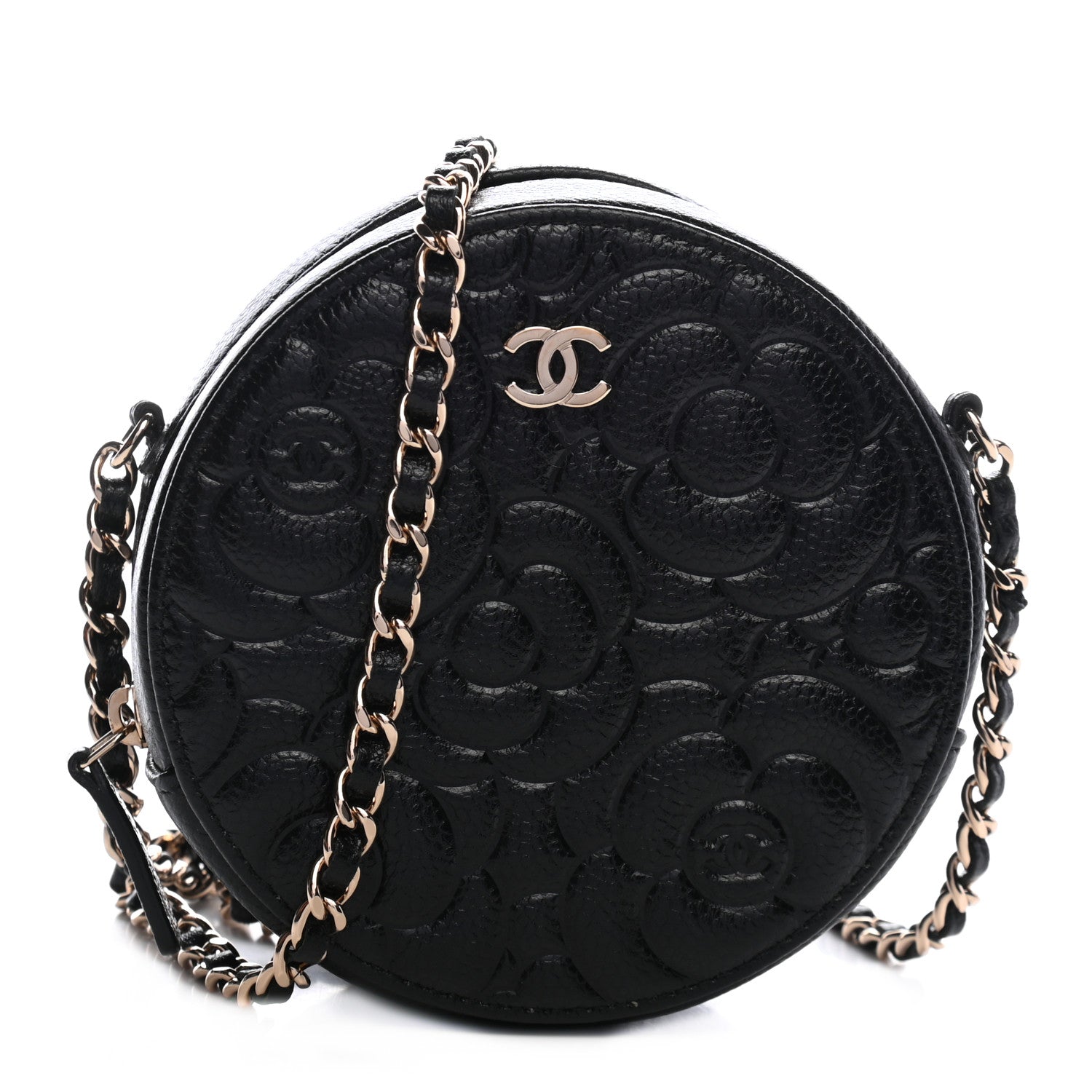 Chanel Caviar Camellia Embossed Round Clutch With Chain Black 1 of 9