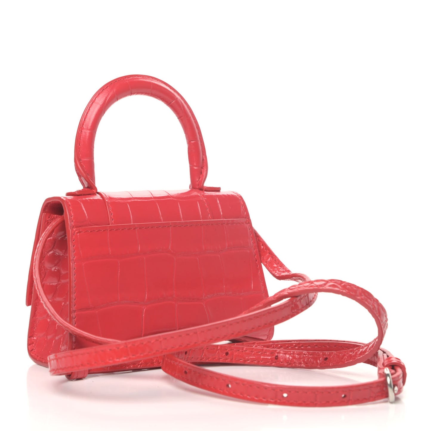 Shiny Calfskin Tonal B Crocodile Embossed Hourglass Top Handle Bag Mini Bright Red