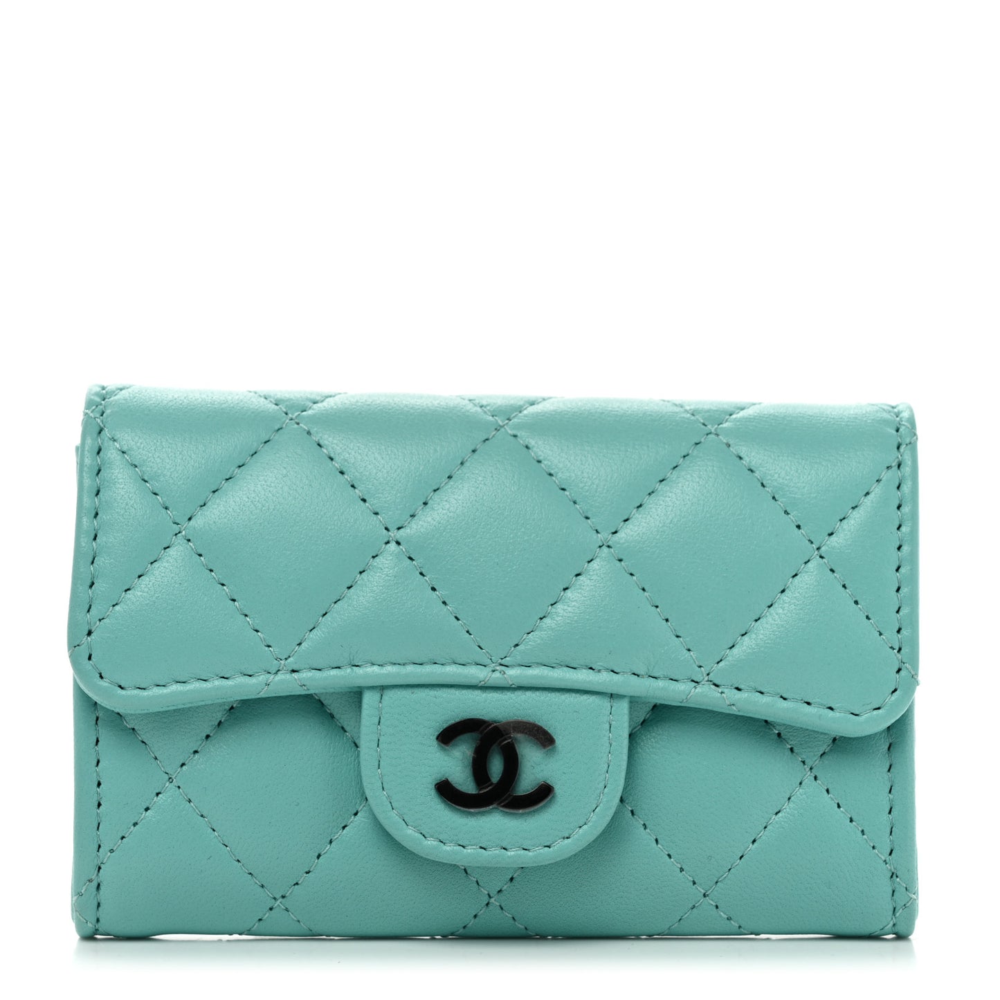 Lambskin Quilted Flap Card Holder Wallet Turquoise