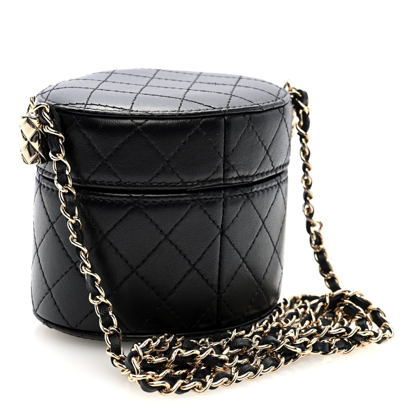 Lambskin Quilted Mini Round Vanity Case With Chain Black