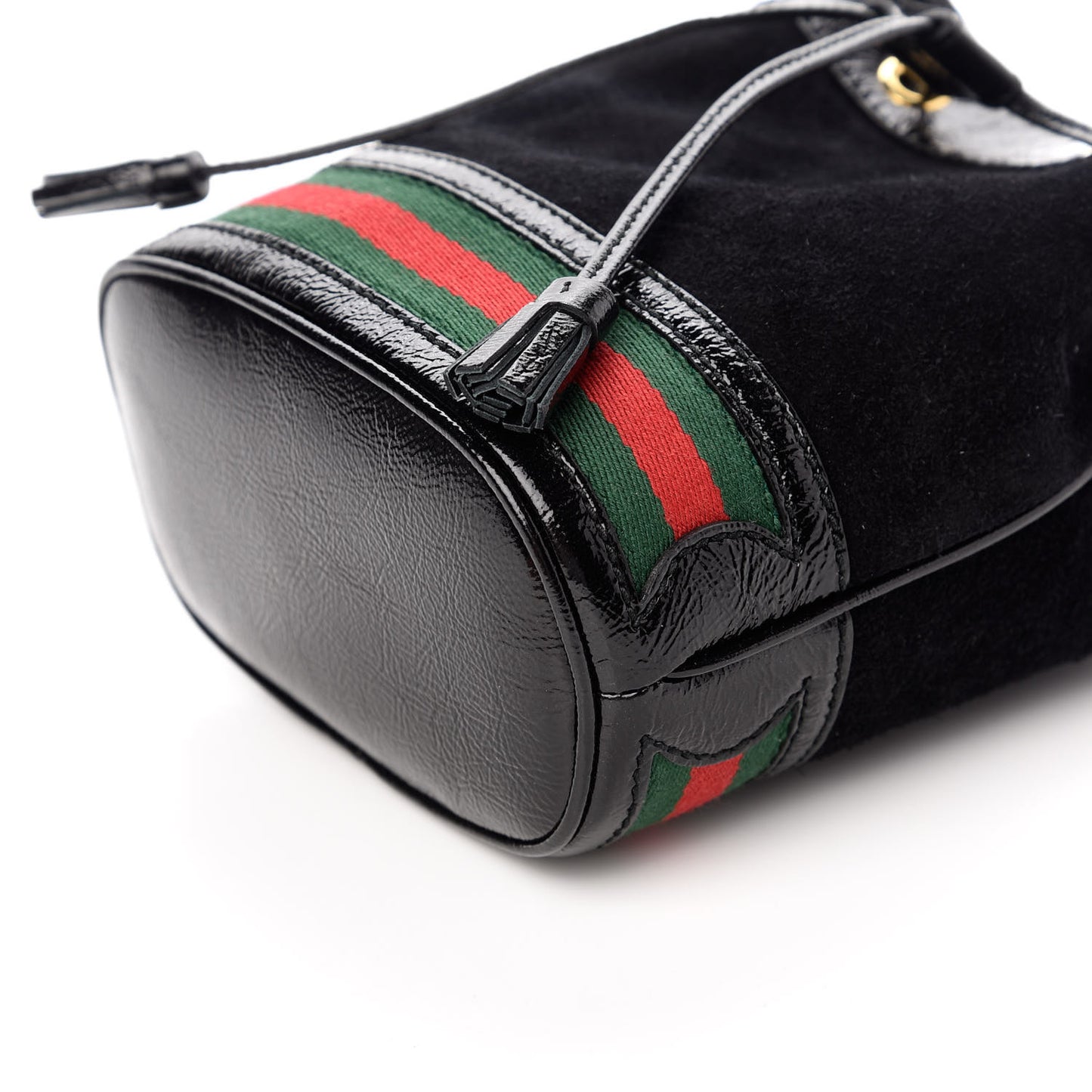 Suede Patent Web Mini Ophidia Bucket Bag Black