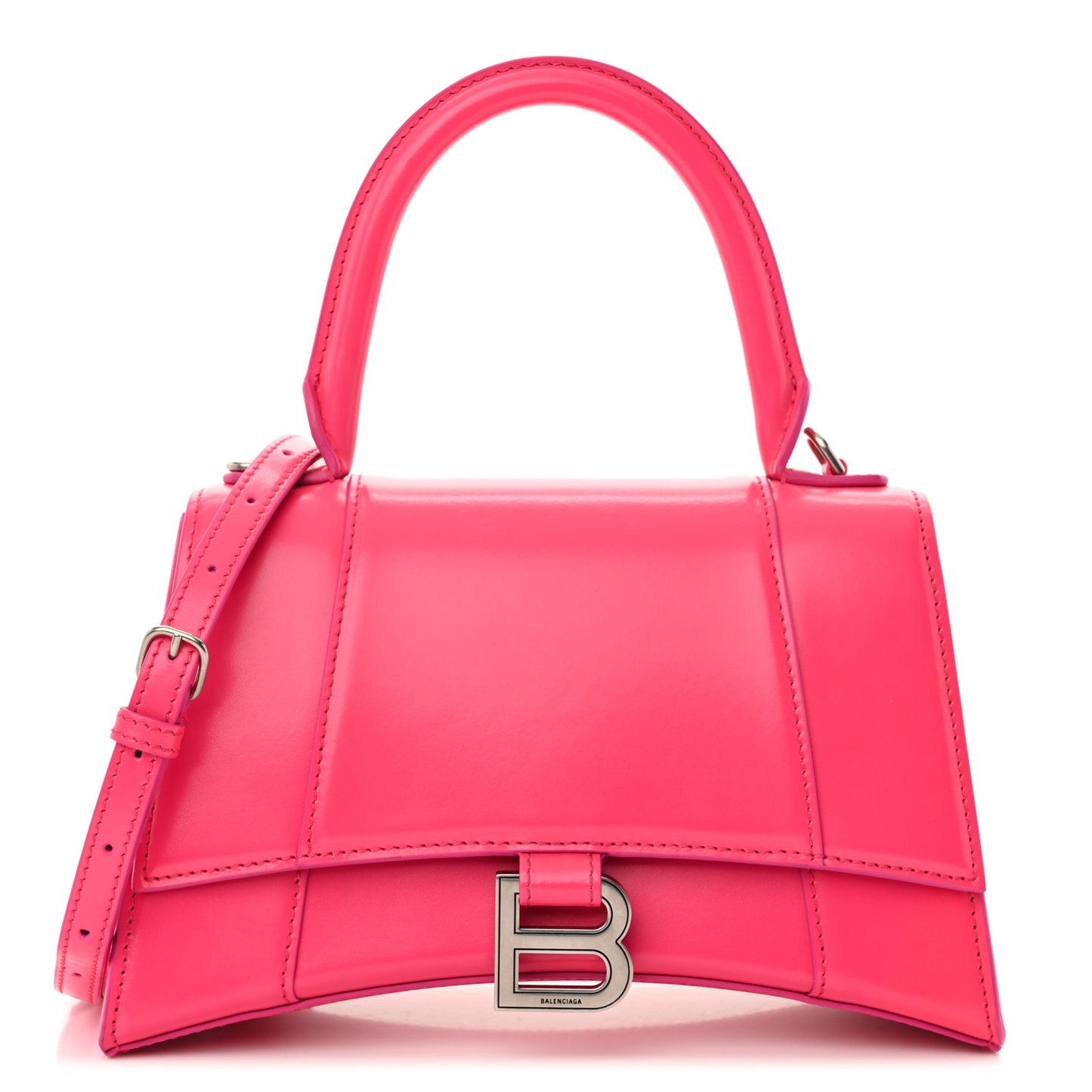 Shiny Box Calfskin Small Hourglass Top Handle Bag Acid Fuchsia