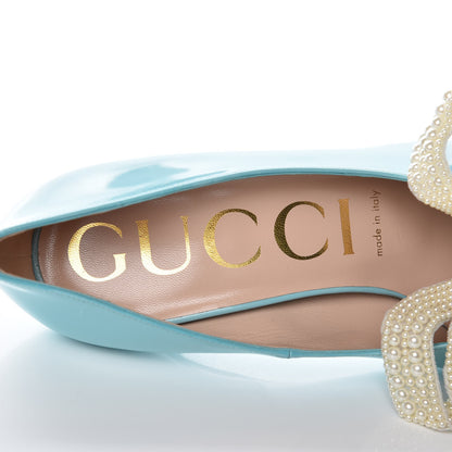 Gucci Polished Calfskin Removable Pearly Bow Elaisa Platform High Heel Pumps 38 New Aquamarine 8 of 11