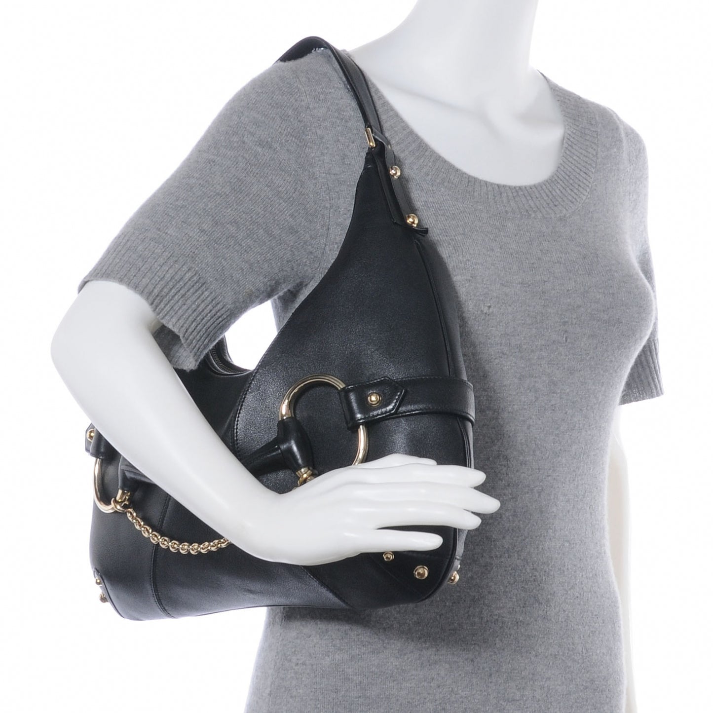 Leather Large Horsebit Chain Hobo Black