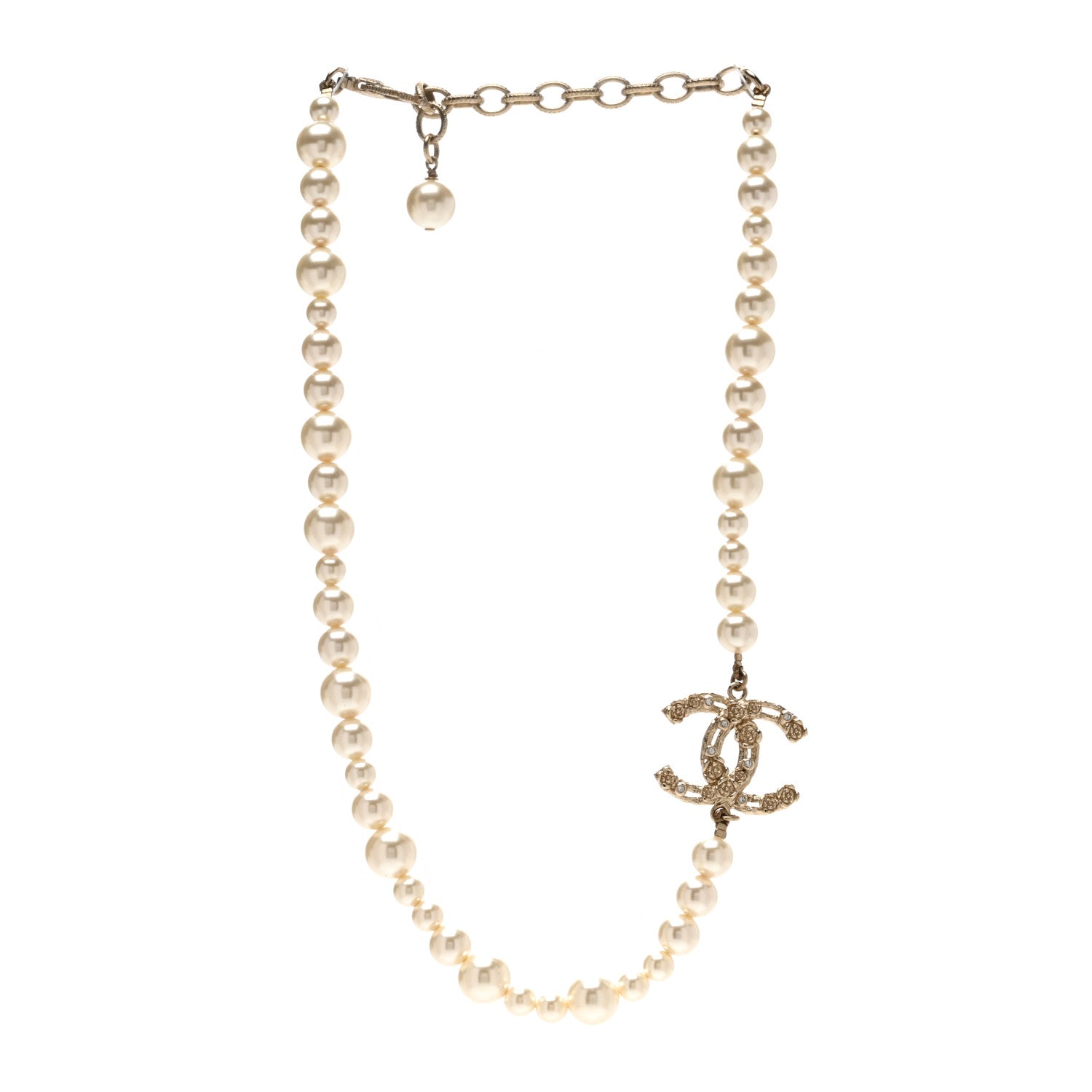 Chanel Pearl Crystal CC Camellia Short Necklace Gold 3 of 4