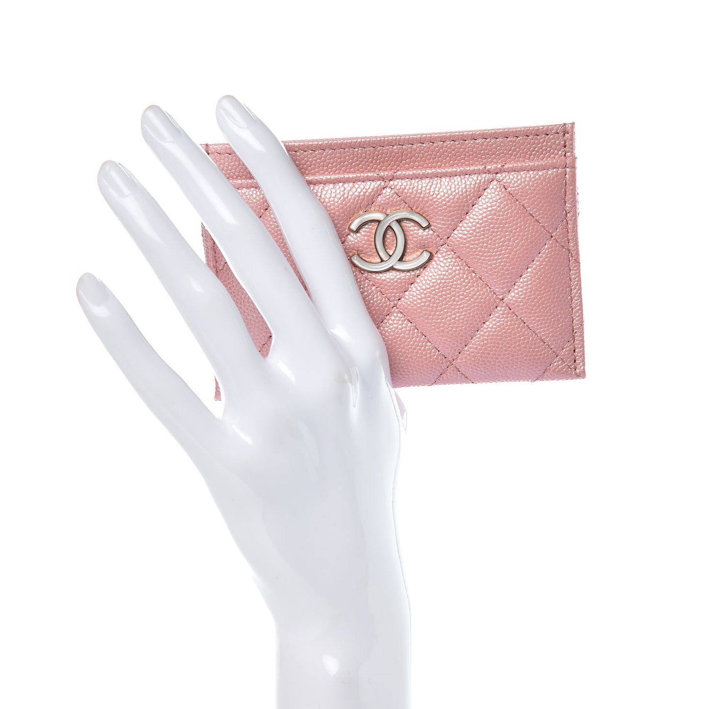 Iridescent Caviar Quilted Card Holder Pink