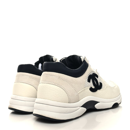 Chanel Mesh Suede Calfskin Grained Calfskin Womens CC Sneakers 38.5 White Black 4 of 8