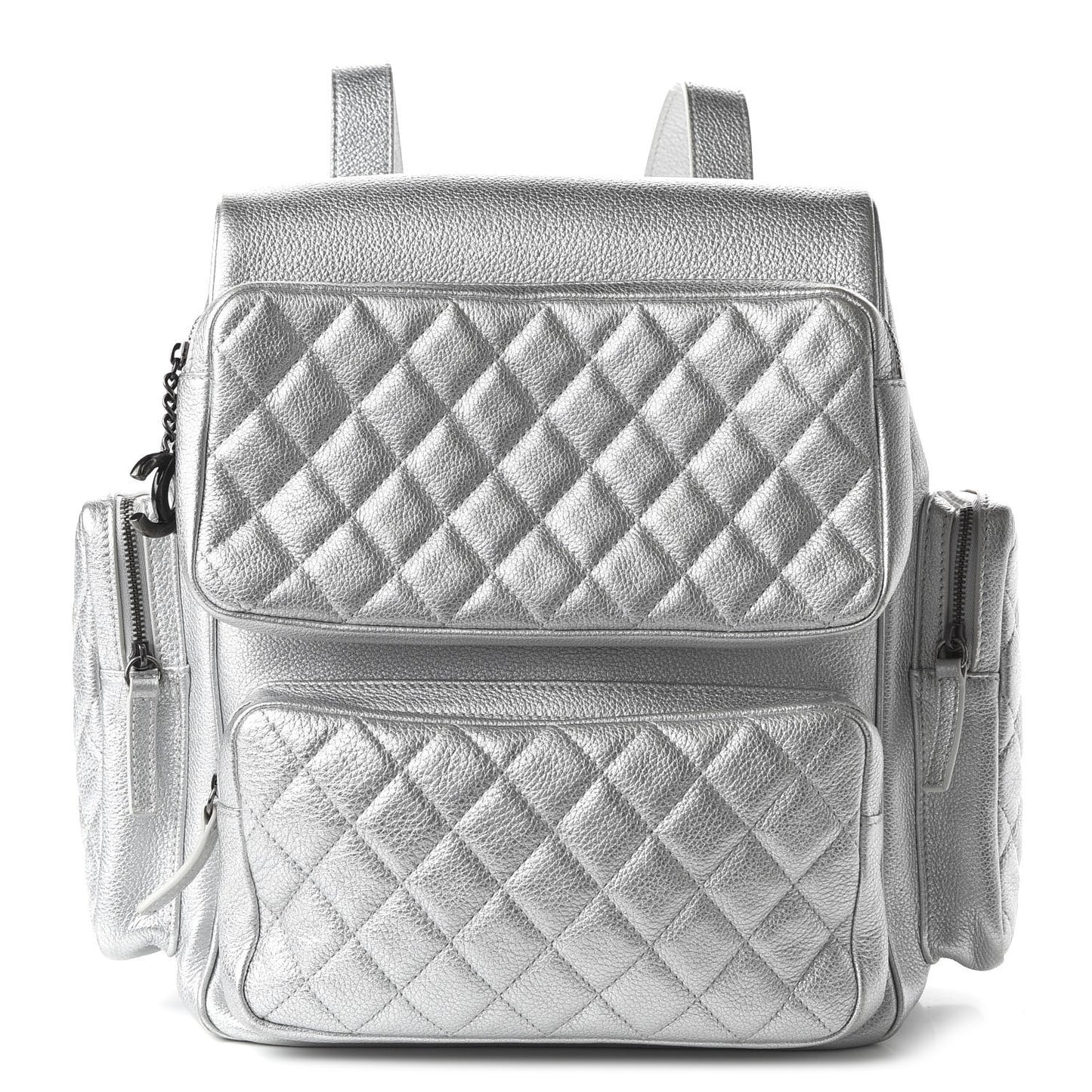 Metallic Grained Calfskin Quilted Large Casual Rock Backpack Silver