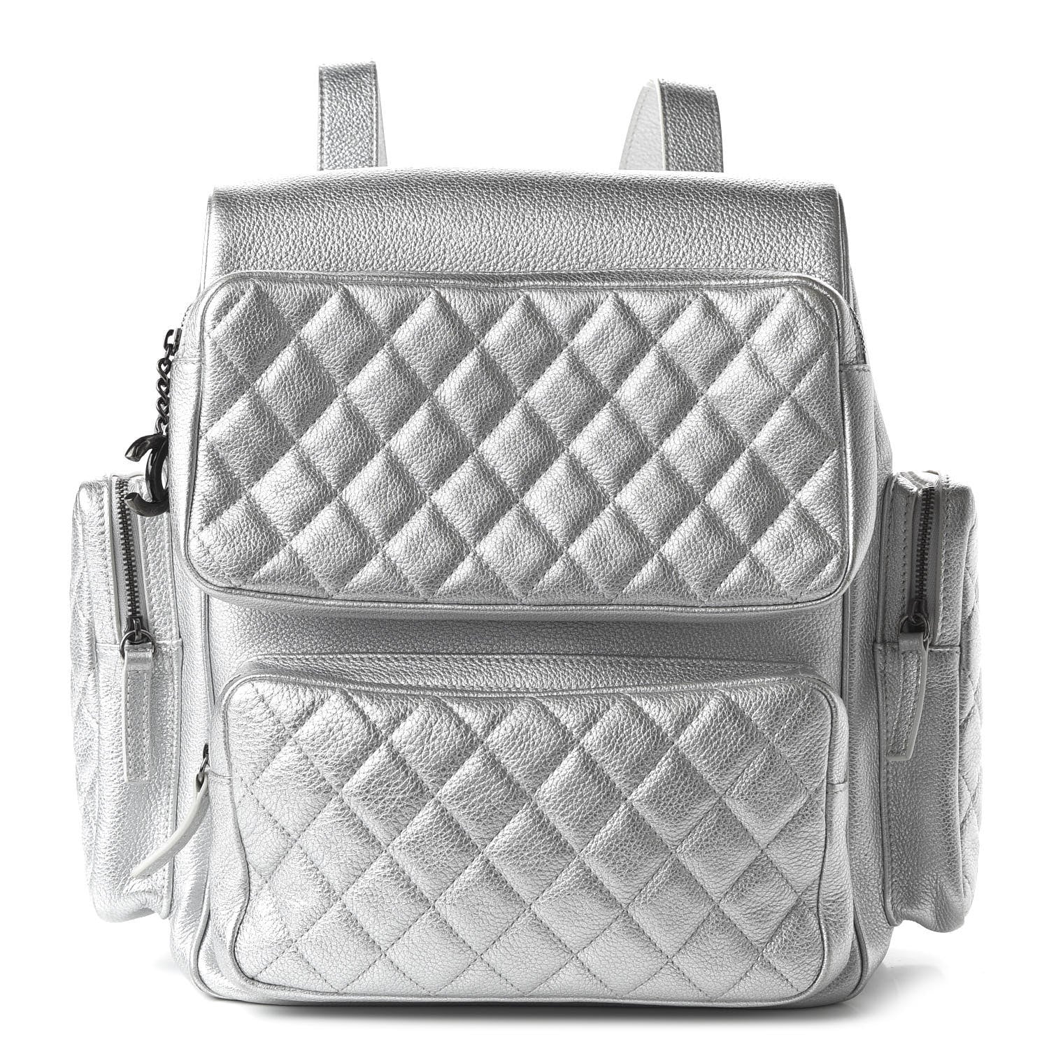 Chanel Metallic Grained Calfskin Quilted Large Casual Rock Backpack Silver 1 of 9