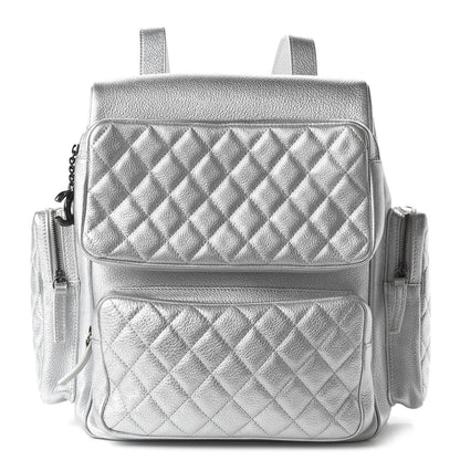 Chanel Metallic Grained Calfskin Quilted Large Casual Rock Backpack Silver 1 of 9