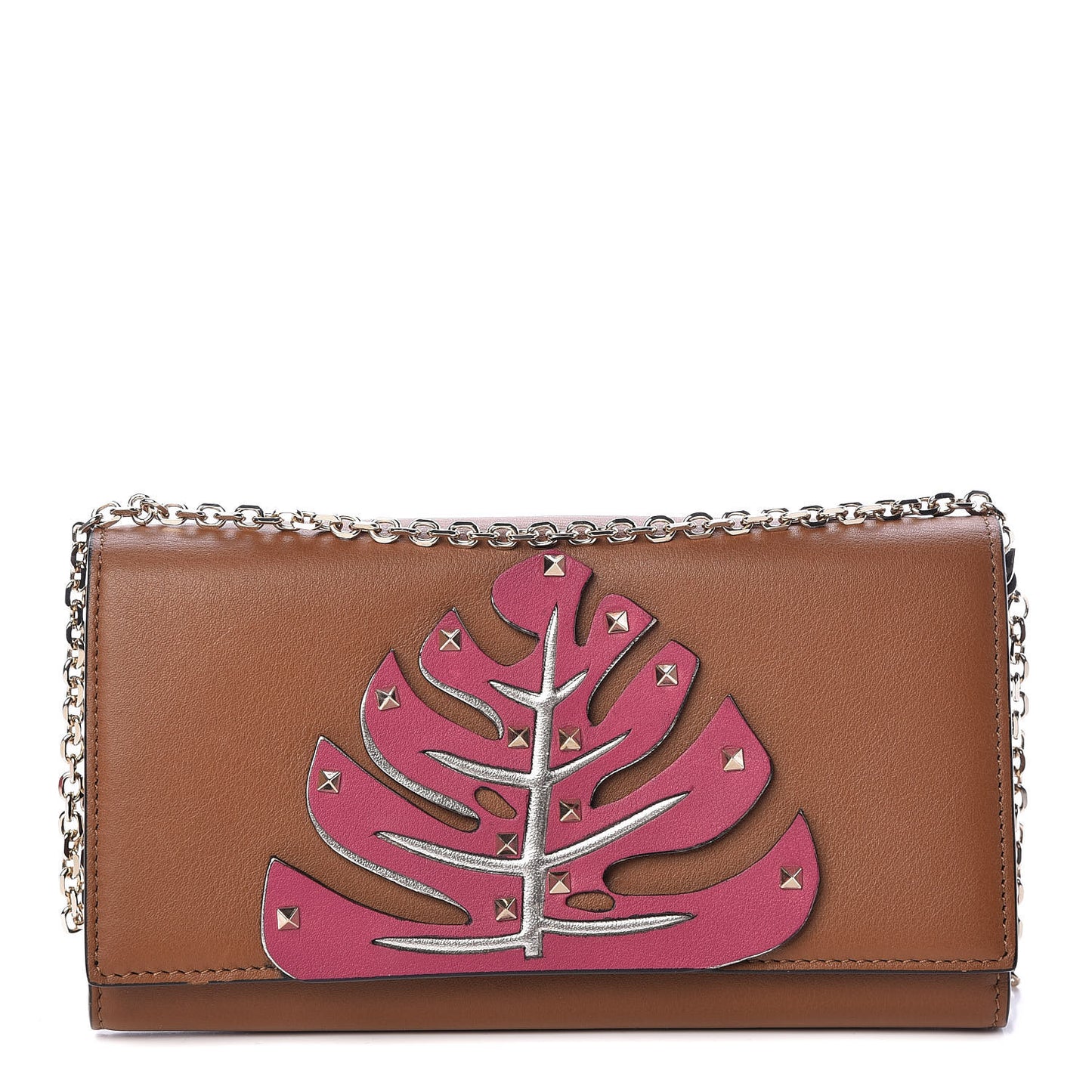 Calfskin Rockstud Tropical Dream Leaf Chain Wallet Flap Bag Tan