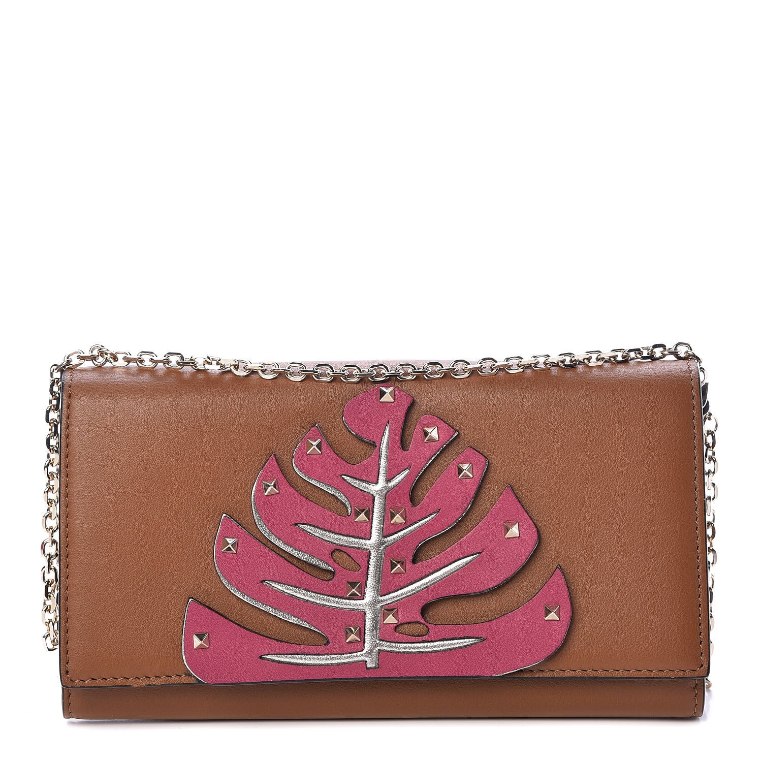 Valentino Garavani Calfskin Rockstud Tropical Dream Leaf Chain Wallet Flap Bag Tan 1 of 14