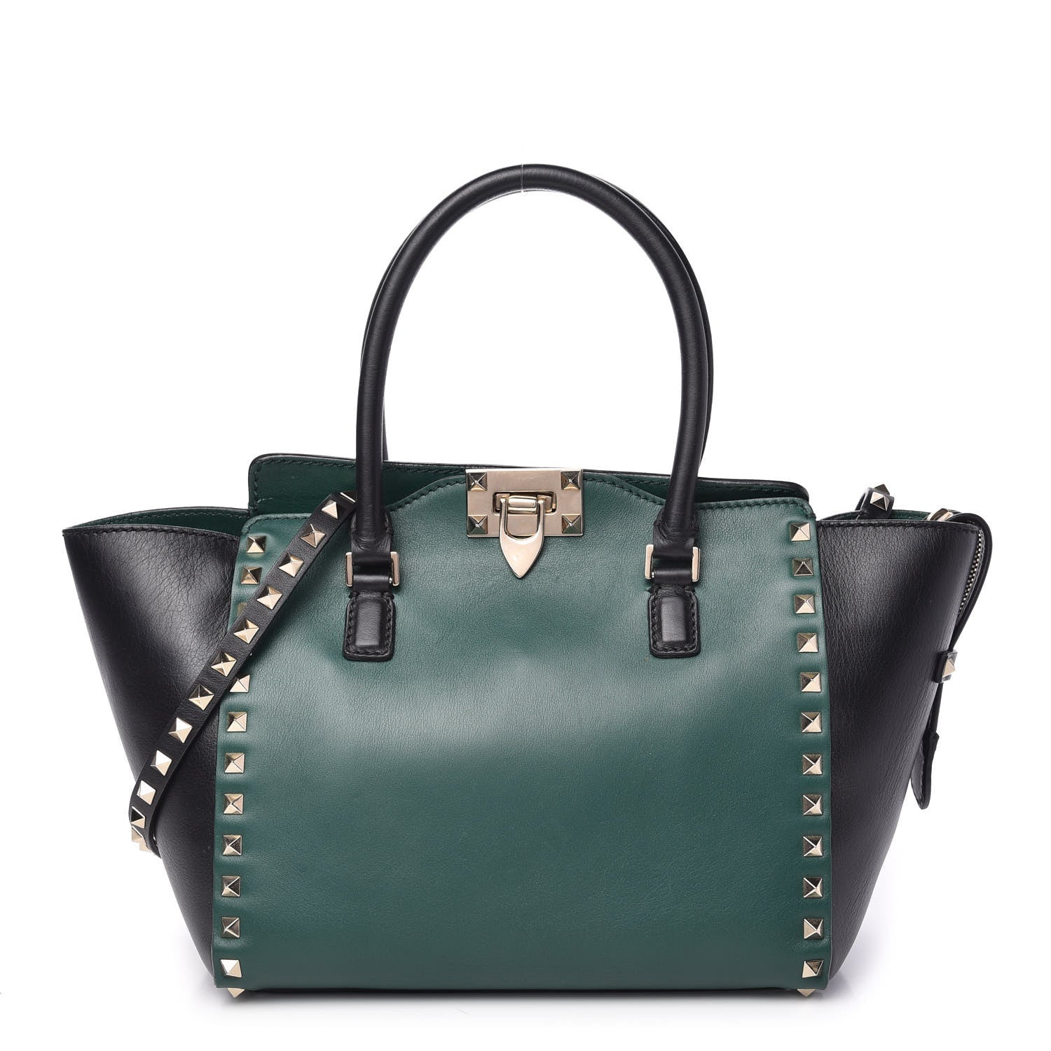 Valentino Garavani Vitello Bi-Color Small Rockstud Double Handle Tote Green Black 1 of 9