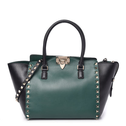 Valentino Garavani Vitello Bi-Color Small Rockstud Double Handle Tote Green Black 1 of 9
