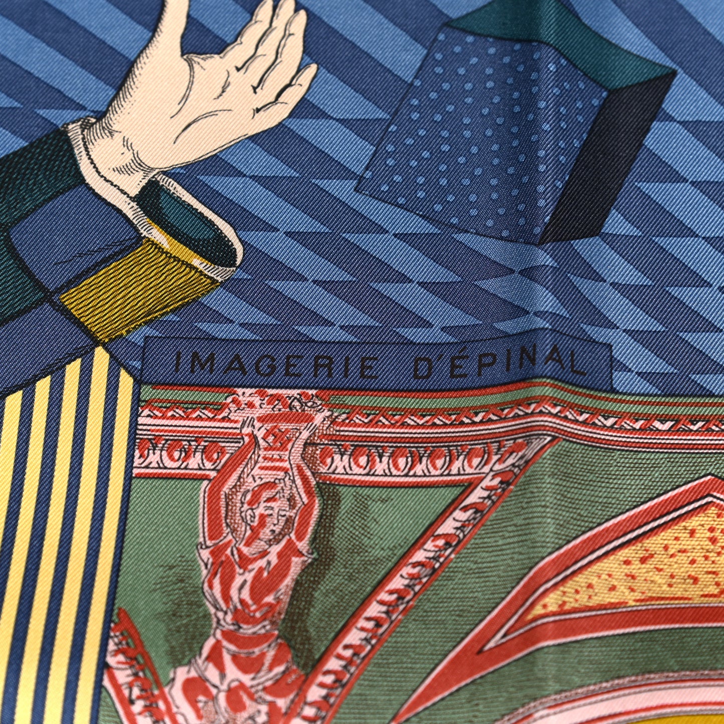 Silk Twill Grande Theatre Nouveau Scarf 90 Bleu Jean Vert Moutarde