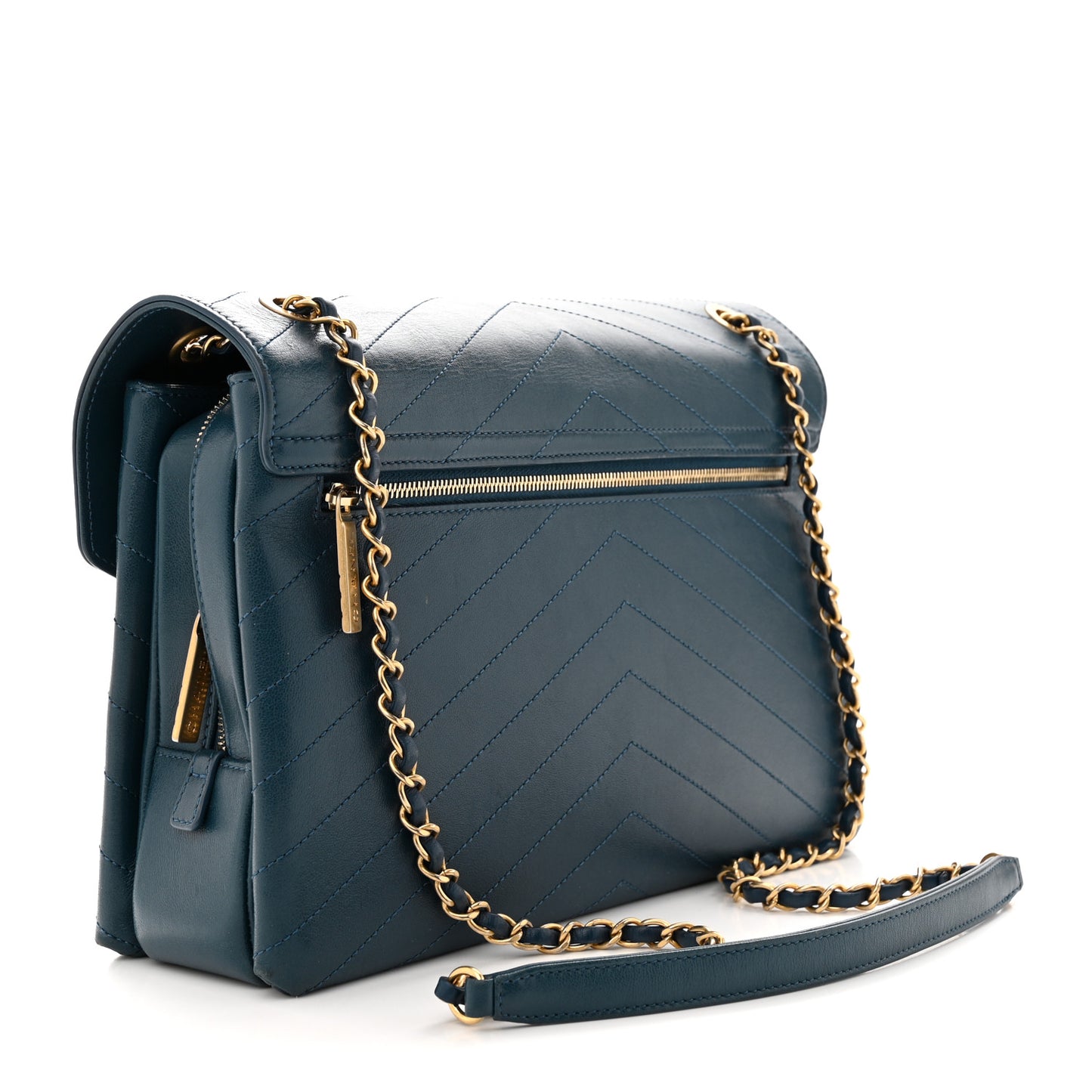 Lambskin Chevron Stitched Large Envelope Flap Blue